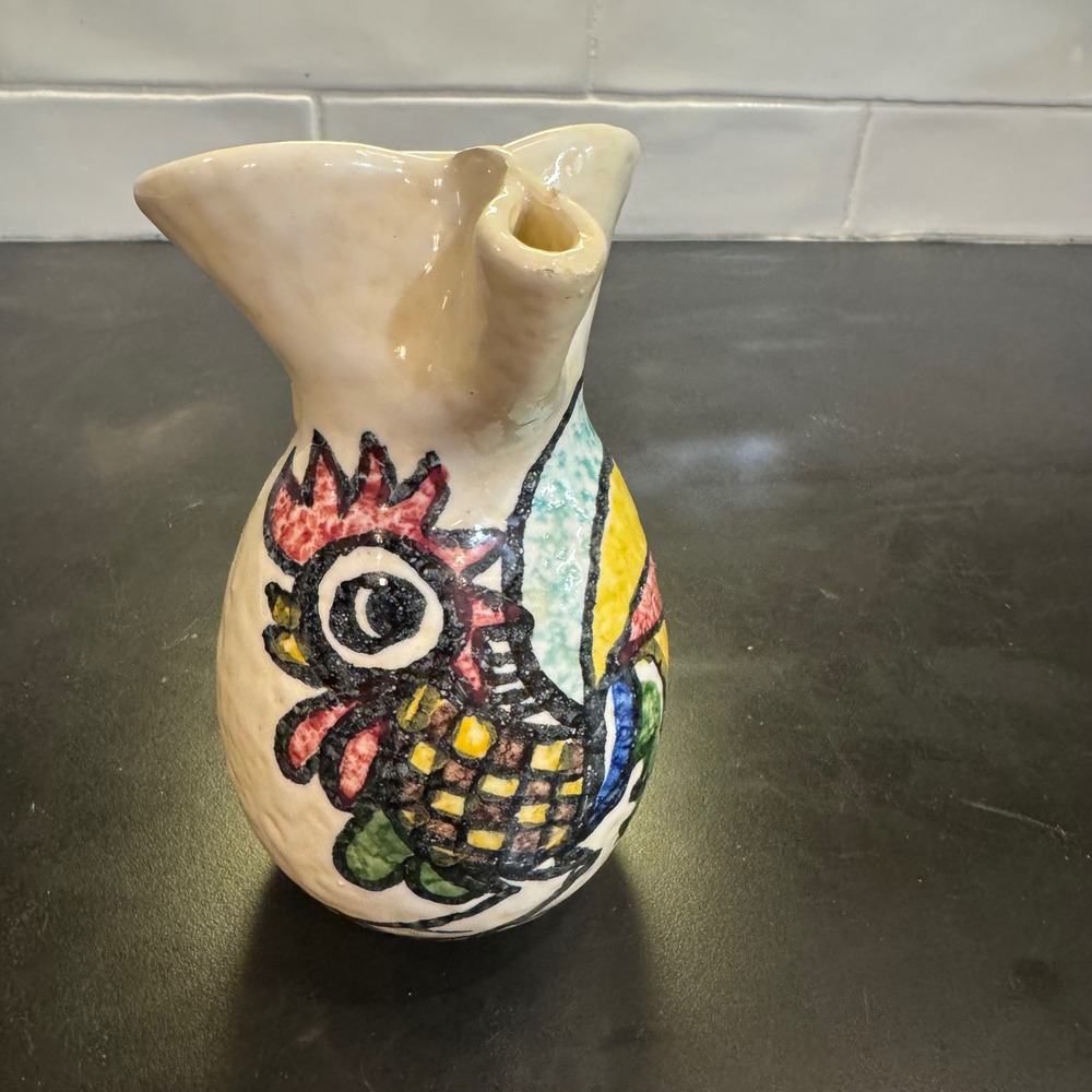 Hand Painted Ceramic Rooster Pitcher Small Cream Multi Color Vintage Folk Art